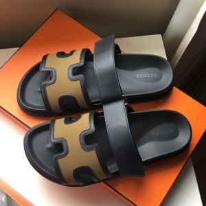 Hermes H Logo Black And Khaki Leather Chypre Sandals Flats